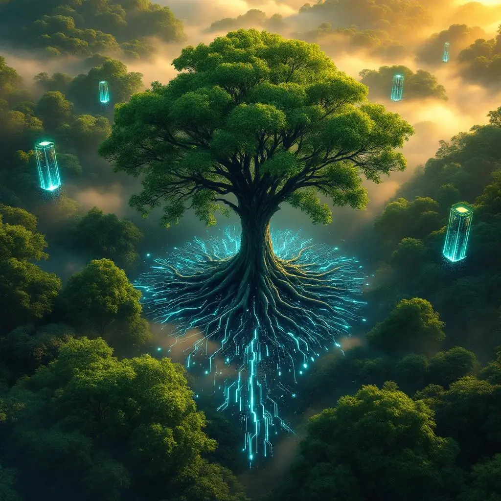 Bosque tecnológico con circuitos bioluminiscentes